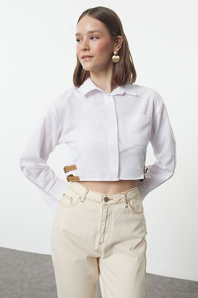 Trendyol Collection Ecru Fitted Shirt - Woven with Side Belt and Buckle Detail, Waist Fitting Twoaw25Go00043