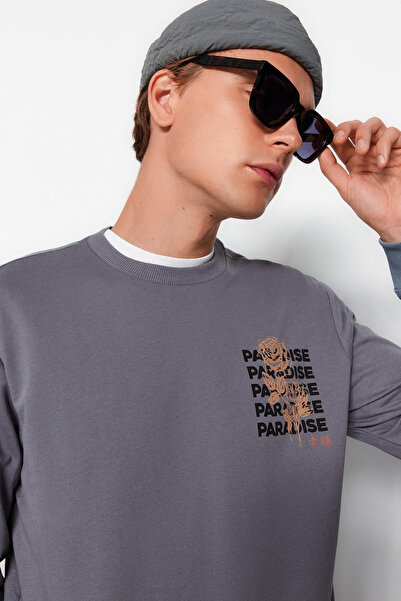 Trendyol Collection Antracitová 100% bavlna Regular/Regular Fit mikina s dlouhým rukávem a výstřihem TMNAW22SW0572