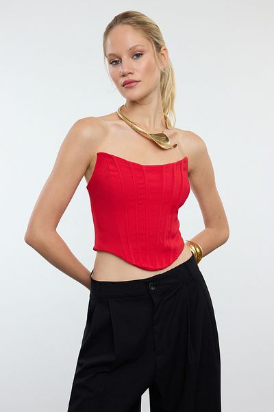 Trendyol Collection Rotes Crop-Corset-Look, gewebtes Bustier TPRAW25BS00004