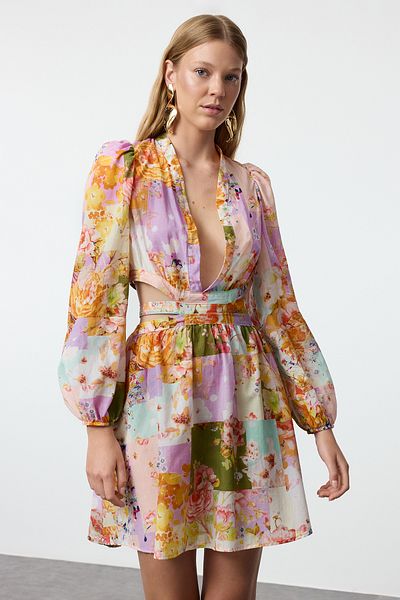 Trendyol Collection 100% Cotton Mini Beach Dress - Floral Print, Cut Out Window TBESS23EL00140