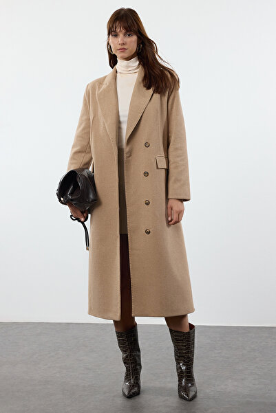 Trendyol Collection Soft Textured Mink Long Coat - with Belt and Stitching Detail Twoaw25kb00094