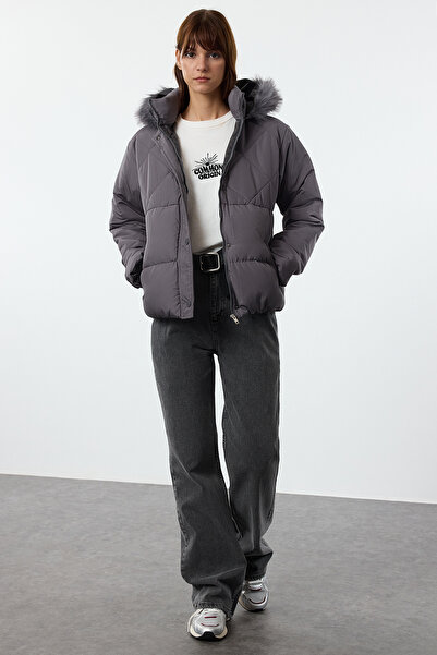 Trendyol Collection Šedý kožich Regular Fit s kapucí a kapucí Twoaw25Mo00245