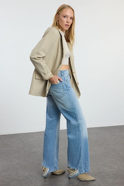Trendyol Collection High Waist BlueWideLegJeans - Zerrissen Twoaw25je00204
