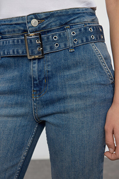 Trendyol Collection Blugi evazați cu centură înaltă - Albastru TWOAW25JE00189