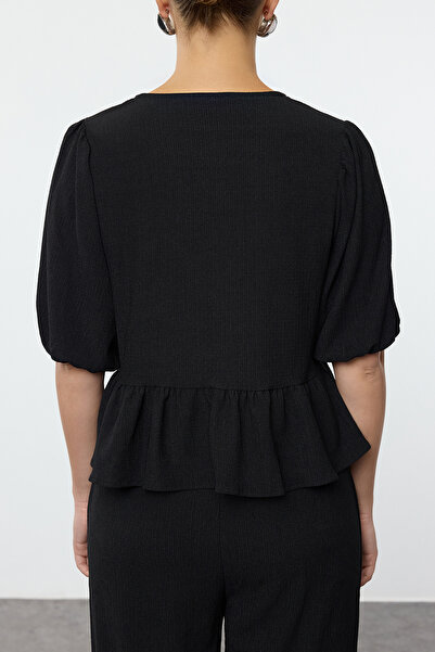 Edit by Trendyol Μαύρη πλεκτή μπλούζα τριών τετάρτων με λεπτομέρεια γραβάτας - TEDAW25BZ00024