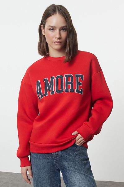 Trendyol Collection Piros túlméretezett polár hímzett pulóver - TWOAW25sw00031