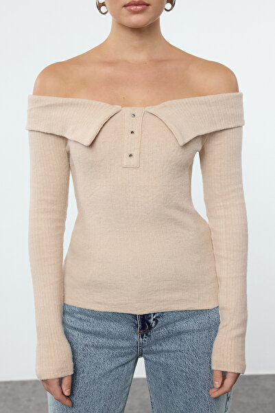 Trendyol Collection Ευέλικτη πλεκτή μπλούζα με κορδόνι - Χρώμα πέτρας, λεπτομέρεια γιακά με κουμπιά, τοποθετημένη TWOAW25BZ00172