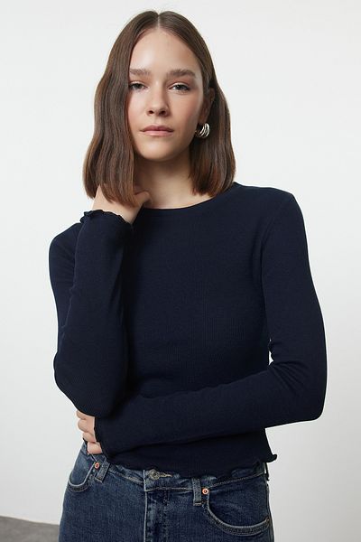 Trendyol Collection Pružná halenka se šňůrou v námořnické modré KnittedCropBlouse – padnoucí na tělo, Twoaw25bz00167