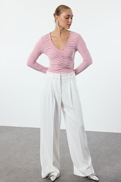 Trendyol Collection Πλεκτή μπλούζα Stretch με V λαιμόκοψη - Πούδρα κορδόνι και DrapeDetail Twoaw25bz00110