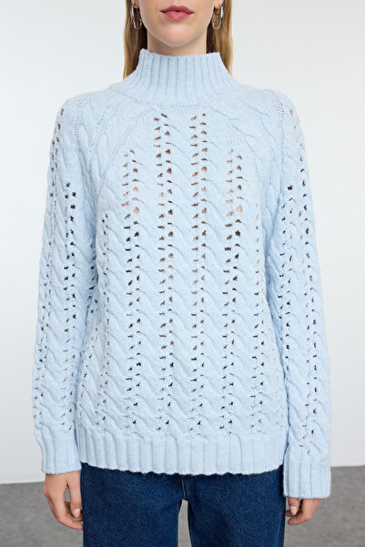 Trendyol Collection Pulover de tricotaj moale albastru deschis - guler vertical ajurat și scobit TWOAW25KZ00319