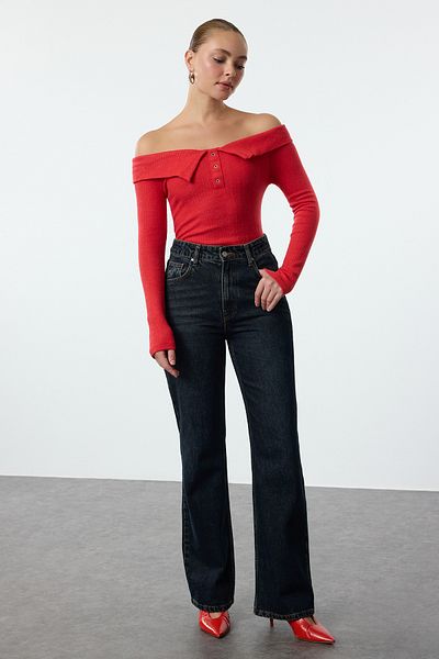 Trendyol Collection Rugalmas, zsinóros, piros kötött blúz - pattintható gallér részlet, illeszkedő TWOAW25BZ00172