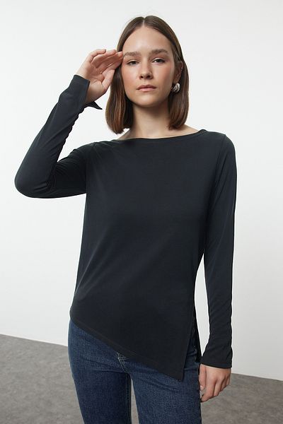 Trendyol Collection Μπλούζα πλεκτή ανθρακί λαιμού σκάφους -RegularFit Twoaw25bz00178