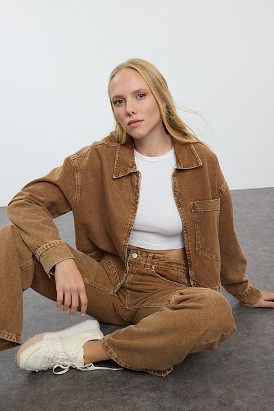 Trendyol Collection Голямо кафяво дънково яке - с цип, Twoaw25ce00061