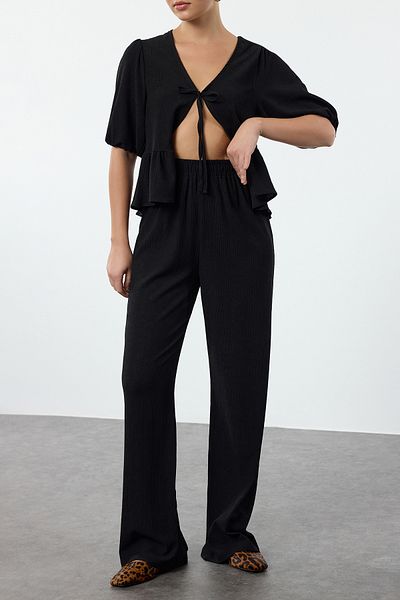 Edit by Trendyol Wide Leg Black Knitted Trousers - TEDAW25PL00004
