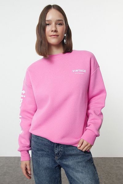 Trendyol Collection Pink Fleece Oversize Slogan Printed Knitted Sweatshirt - Twoaw25Sw00156