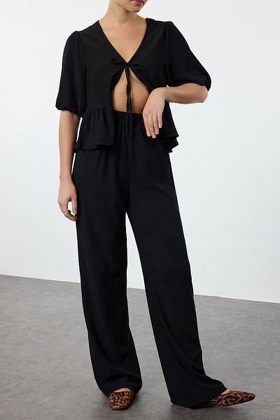 Edit by Trendyol Wide Leg Black Knitted Trousers - TEDAW25PL00004