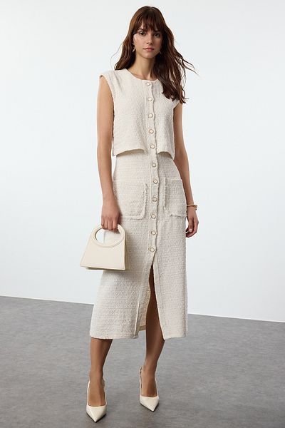 Trendyol Collection Tweed Woven Ecru Jacket Dress - Button Detailed Twoaw25el00177