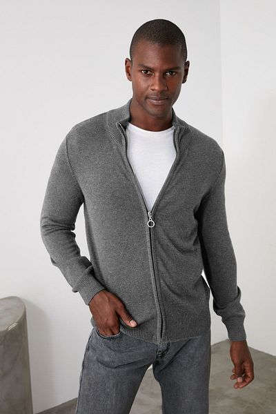 Trendyol Collection Gray Fl Men Slim Half Turtleneck Solid Knitwear Cardigan Tmnaw20Yp0010