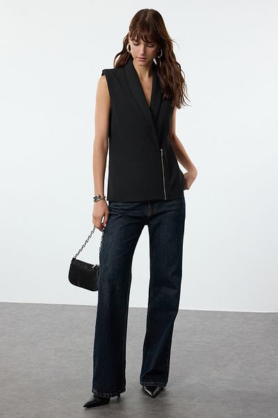 Trendyol Collection Woven Black Vest - Zipper Detailed, Fitted Twoaw25Ye00068