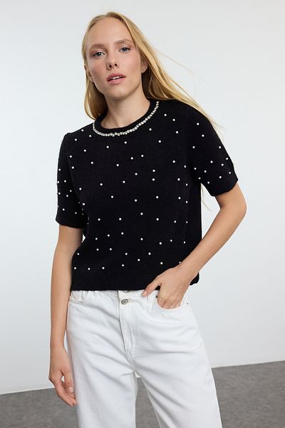 Trendyol Collection Pulover negru din tricotaje cu perle și piatră - TWOAW25KZ00127