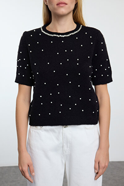 Trendyol Collection Μαύρο πλεκτό πουλόβερ με μαργαριτάρι και πέτρα - TWOAW25KZ00127