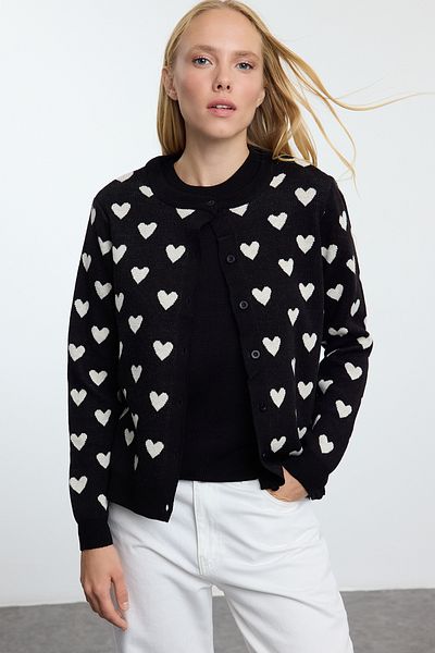 Trendyol Collection Black Double Knitwear Set with Crew Neck and Heart Detail - Twoaw25Hi00236