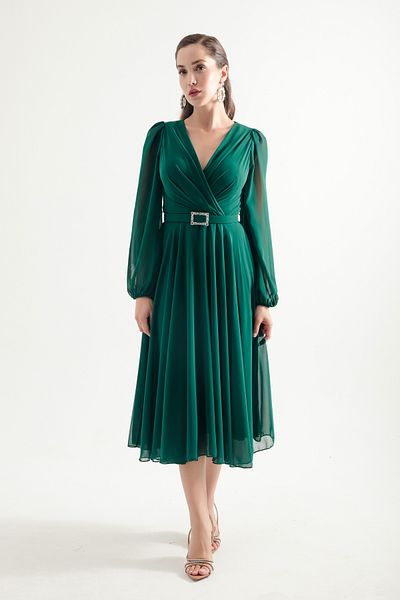 Lafaba Emerald Green Midi Chiffon Evening Dress - Belted Dress