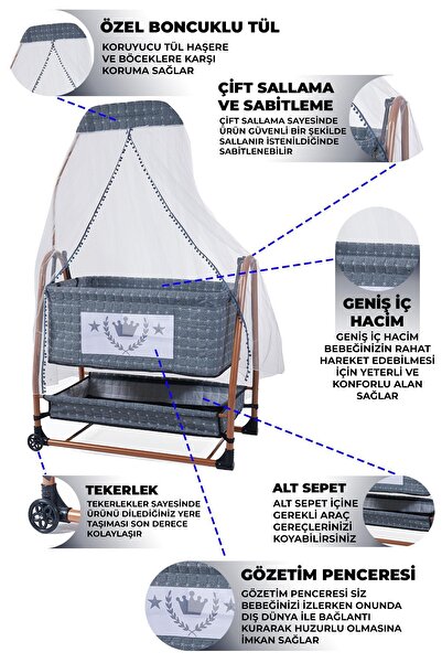 LOOVE BEBE King Lüx Metal Sallanır Beşik Gri