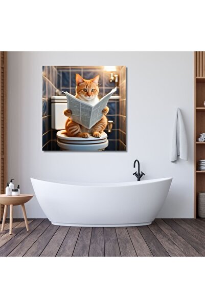 GAAGART Tekli Kare Kanvas Banyo Tablosu Gazete Okuyan Sarı Sarman Kedi