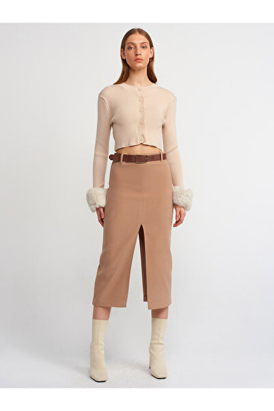 Dilvin 80831 Yırtmaçlı Yumuşak Dokulu Etek-camel