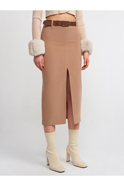 Dilvin 80831 Yırtmaçlı Yumuşak Dokulu Etek-camel