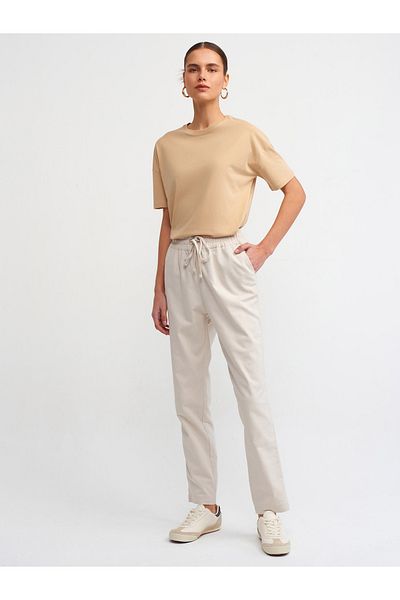 Dilvin 71247 Gathered Regular Waisted Jogger Pants-Beige