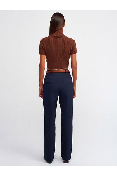 Dilvin 71216 Belted Straight Fit Trousers-Navy Blue