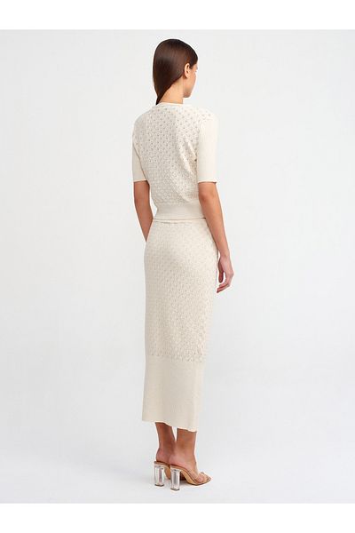 Dilvin 80112 Openwork Elastic Waist Lined Knitwear Skirt-Ecru