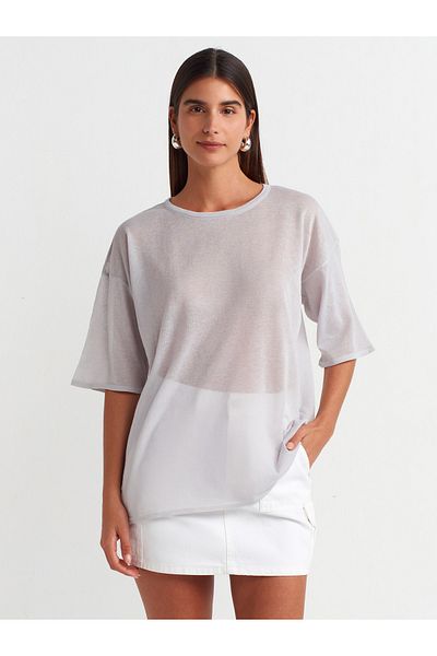 Dilvin 10550 Crew Neck Κοντό μανίκι Διάφανη Μπλούζα-γκρι