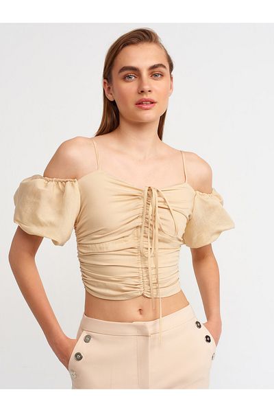 Dilvin 50154 Balloon Sleeve Crop Top-μπεζ