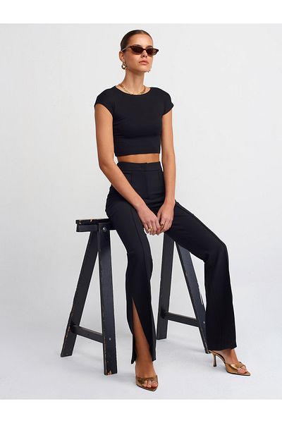 Dilvin 71248 Slit Spanish Leg Trousers-Black