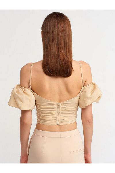 Dilvin 50154 Balloon Sleeve Crop Top-μπεζ