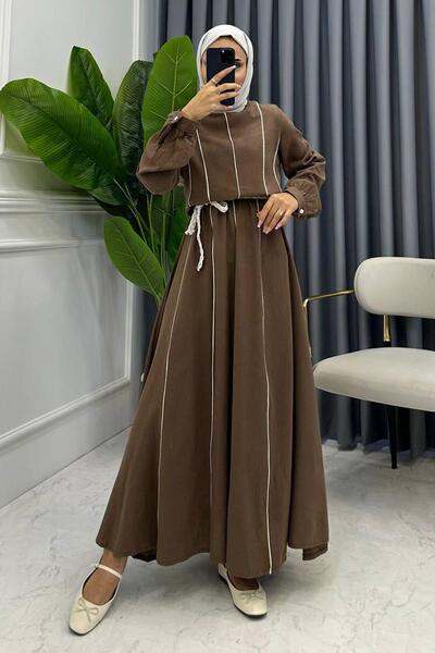 miqa butik Talia Brown Knitted Belted Dress with Piping Detail