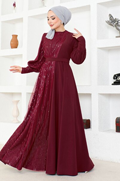 Ayşe Melek Burgundy Evening Dress Fashion Tasseled Scuba Short Dress - 2703