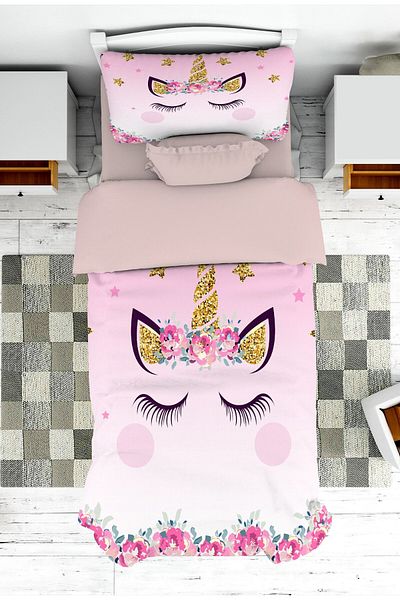 on the clouds Baby and Children's Room Pink Floor Unicorn Patterned Girl's Bedspread and Pillowcase Pike