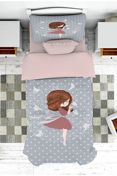 on the clouds Girl Patterned Butterfly Baby and Children's Room Bedspread and Pillowcase - Pike