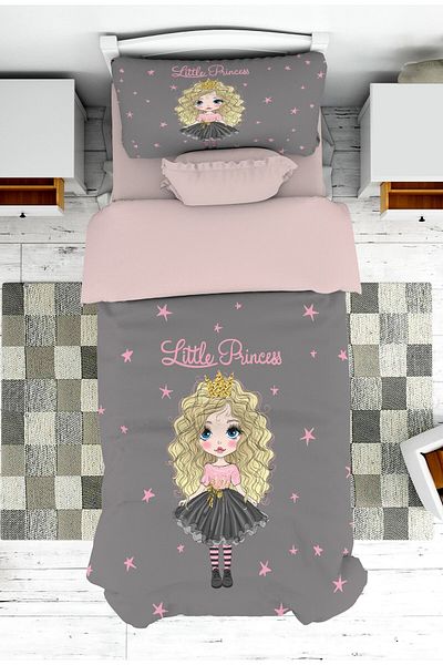 on the clouds Gray Princess Patterned Girl's Bedspread and Pillowcase - Pike