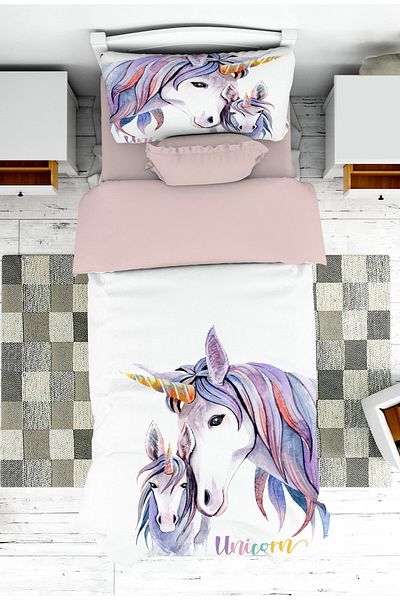 on the clouds Baby and Children's Room Unicorn Patterned Girl's Bedspread and Pillowcase Pike