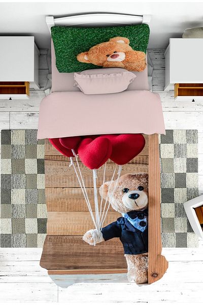 on the clouds Boy's Bedspread - with Balloons, Cute, Teddy Bear Pattern, Pique Shaped