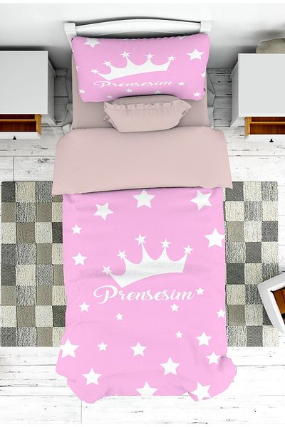 on the clouds Pink Crown Patterned Baby and Kids Princess Bedspread and Pillowcase - Pike