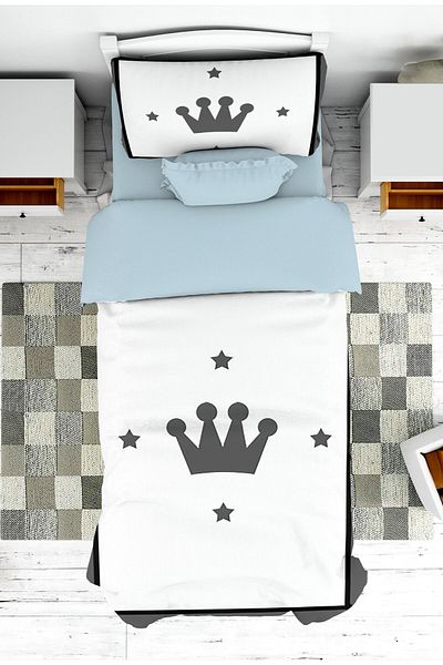 on the clouds Boy's Gray Crown Patterned Bedspread and Pillowcase - Pike