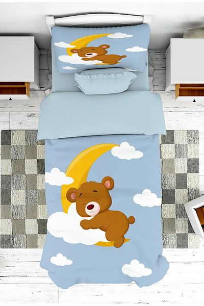 on the clouds Blue Boy's Bedspread and Pillowcase - Teddy Bear Pattern, Baby and Children's Room Sitting on the Moon