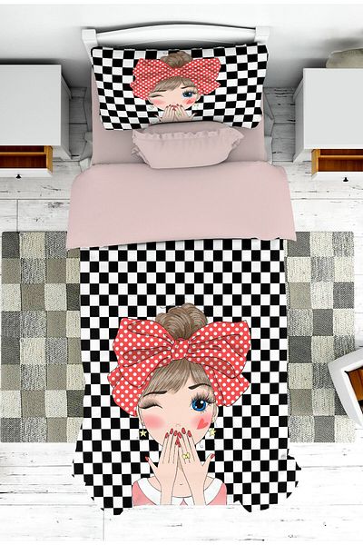 on the clouds Girl Patterned Baby and Kids Room - Kiss Bedspread and Pillowcase Pique