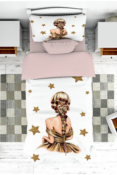 on the clouds Princess Patterned Bedspread and Pillowcase with Gold Detail for Girls - Pike
